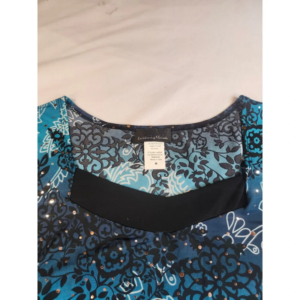 Brittany Black Blue Paisley Floral Sequin Top Womens Medium Short Sleeve Blouse - Picture 3 of 7
